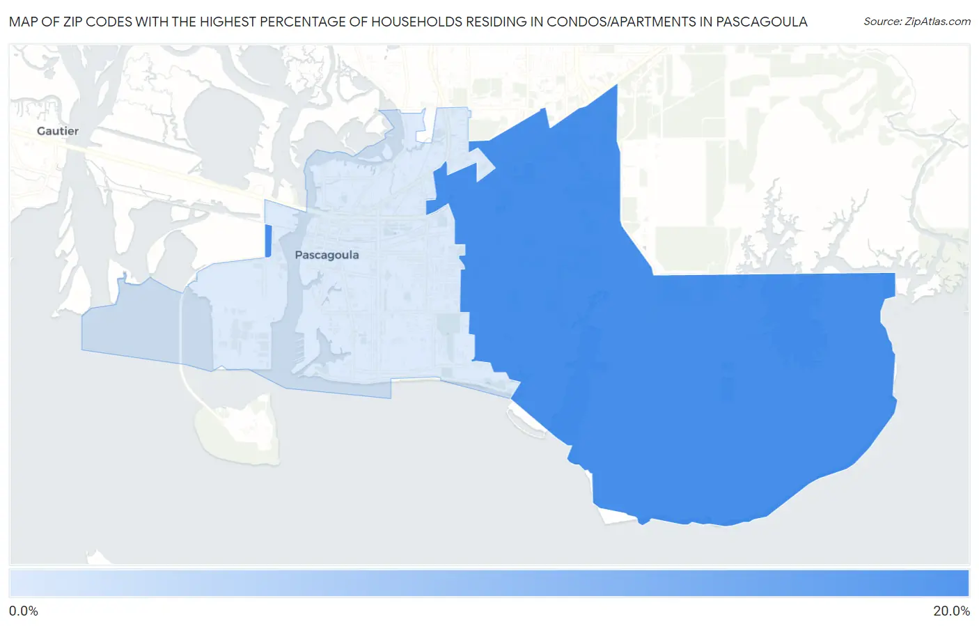 Zip Codes with the Highest Percentage of Households Residing in Condos/Apartments in Pascagoula Map