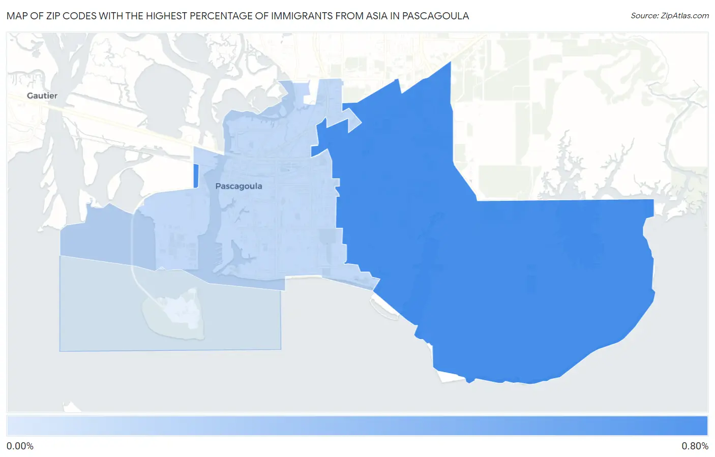 Zip Codes with the Highest Percentage of Immigrants from Asia in Pascagoula Map