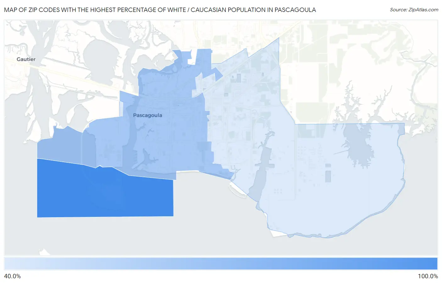 Zip Codes with the Highest Percentage of White / Caucasian Population in Pascagoula Map