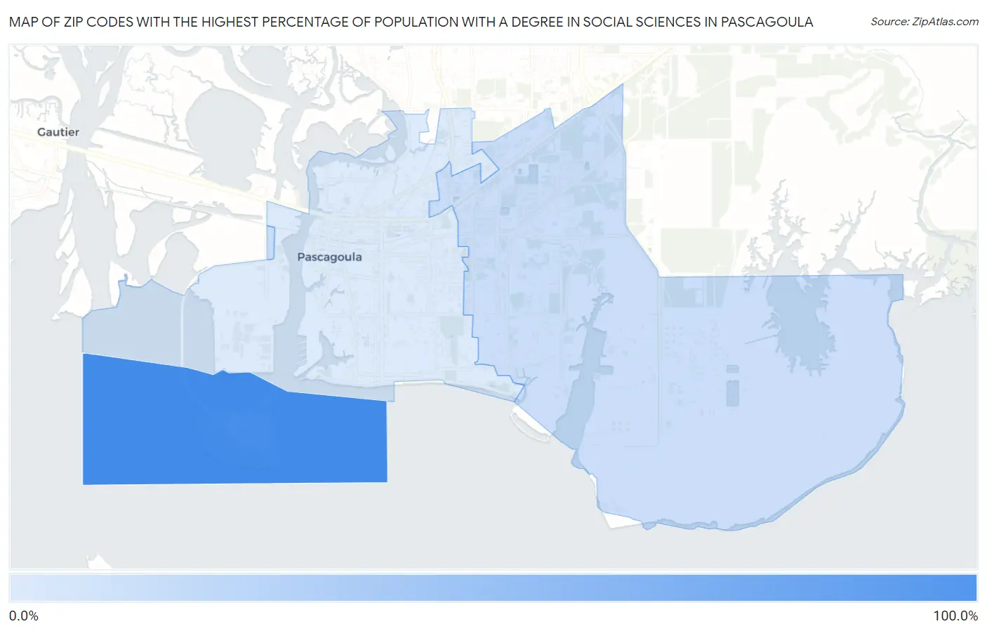 Zip Codes with the Highest Percentage of Population with a Degree in Social Sciences in Pascagoula Map