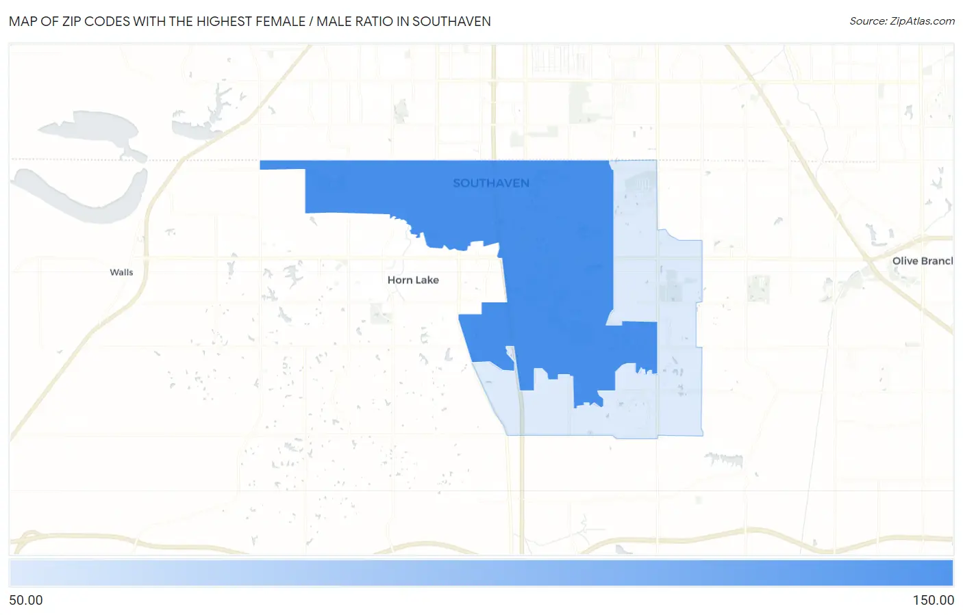Zip Codes with the Highest Female / Male Ratio in Southaven Map
