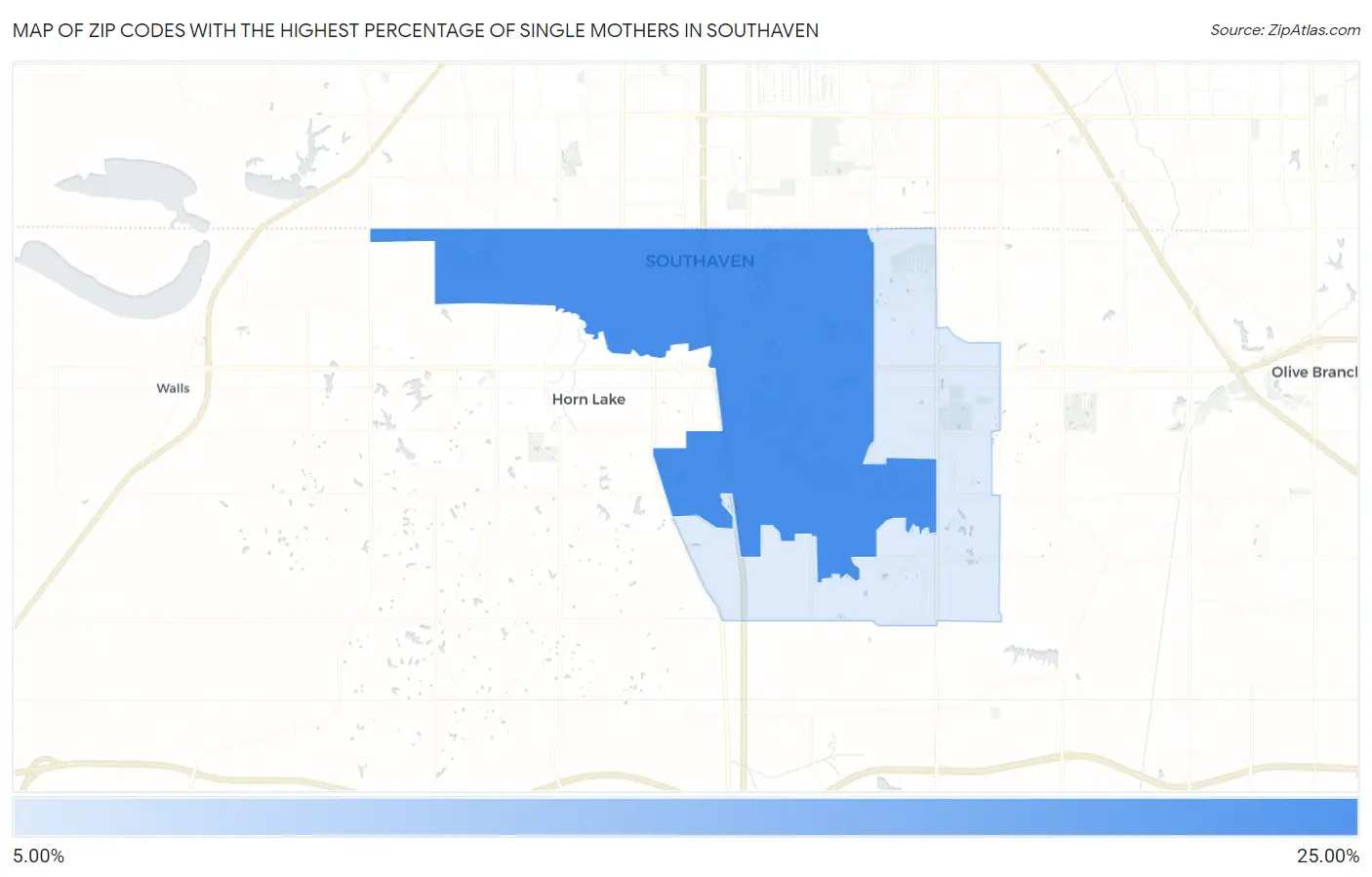 Zip Codes with the Highest Percentage of Single Mothers in Southaven Map