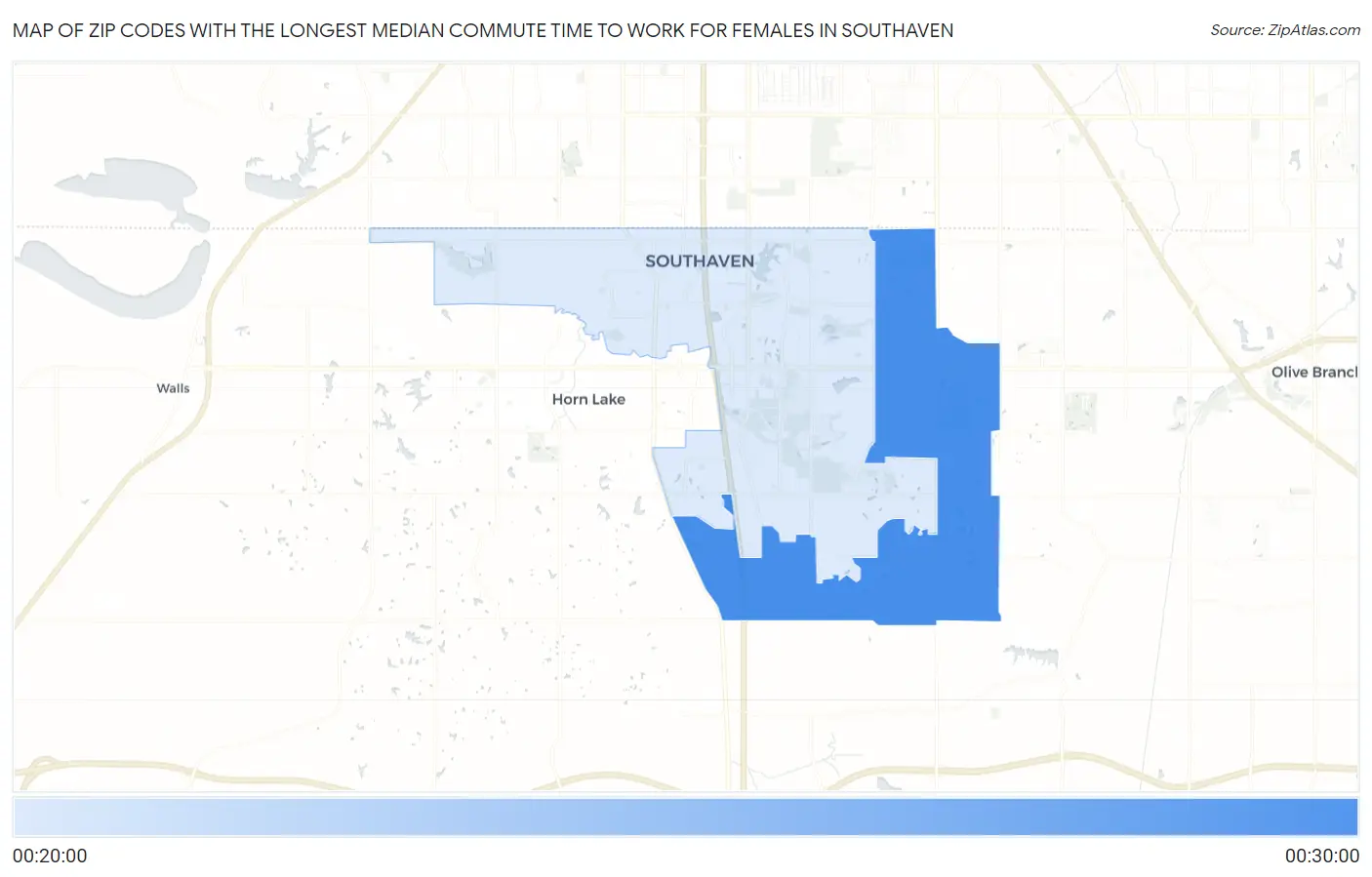 Zip Codes with the Longest Median Commute Time to Work for Females in Southaven Map