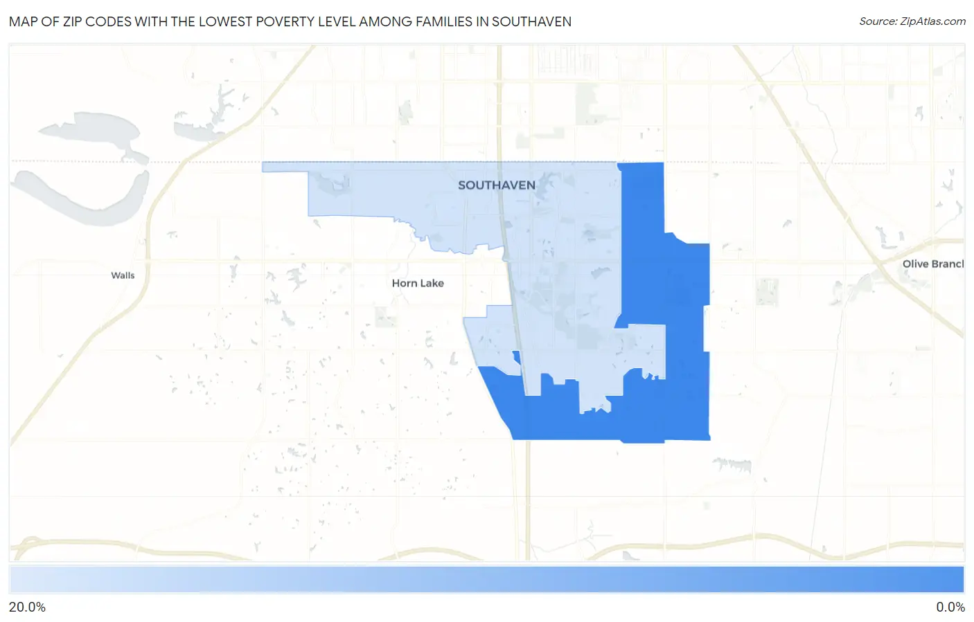Zip Codes with the Lowest Poverty Level Among Families in Southaven Map