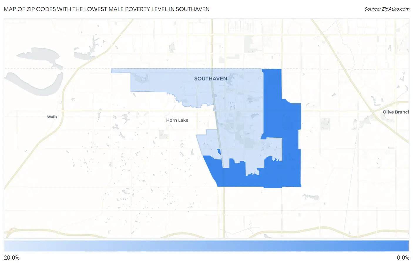 Zip Codes with the Lowest Male Poverty Level in Southaven Map