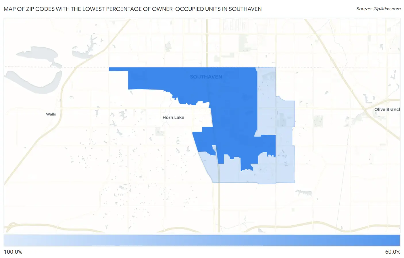 Zip Codes with the Lowest Percentage of Owner-Occupied Units in Southaven Map