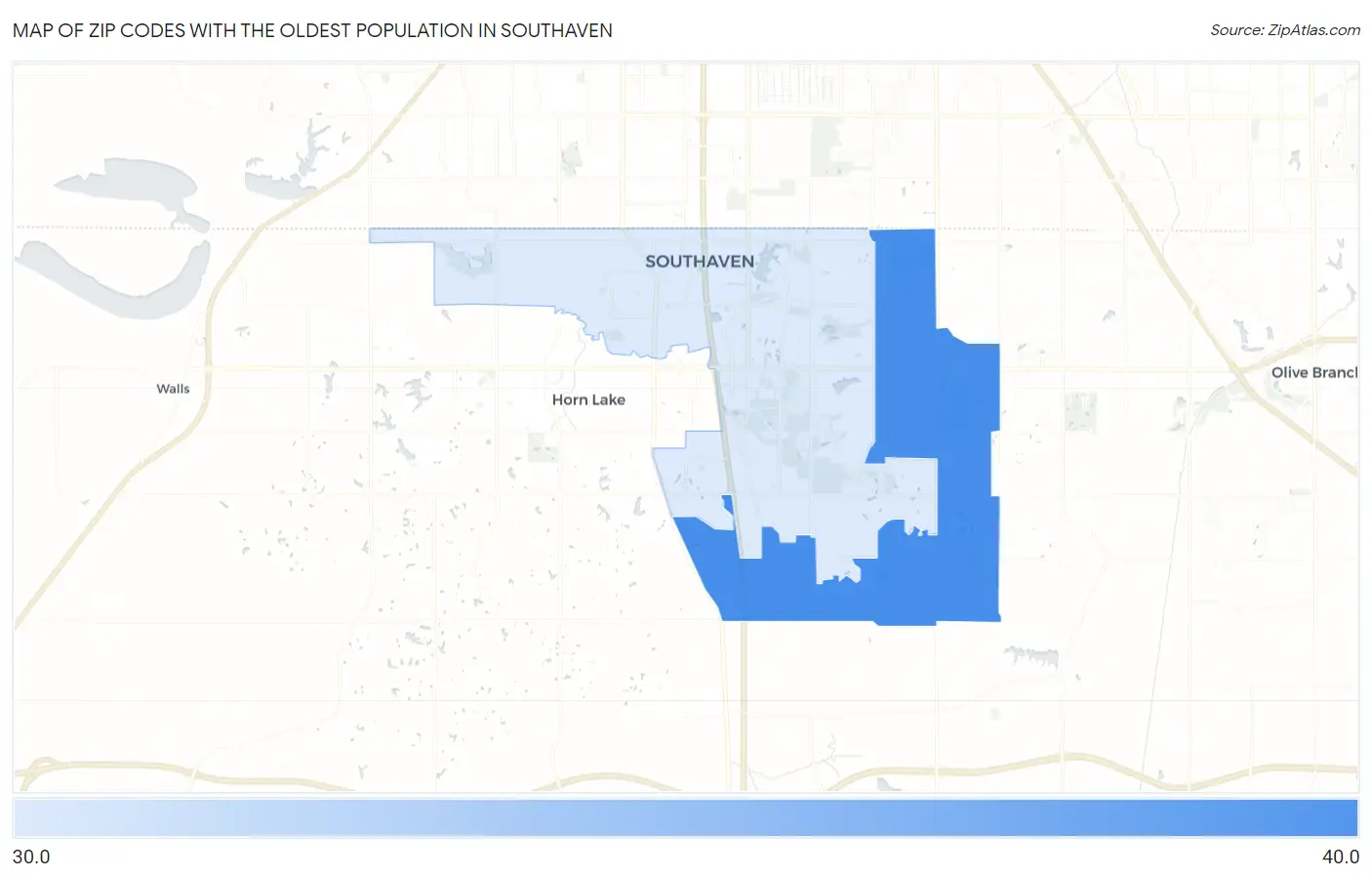 Zip Codes with the Oldest Population in Southaven Map