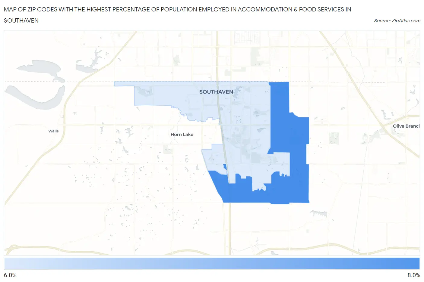 Zip Codes with the Highest Percentage of Population Employed in Accommodation & Food Services in Southaven Map