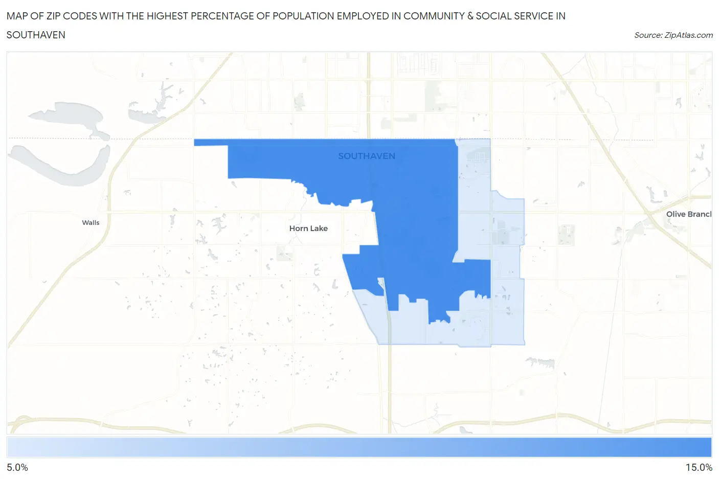 Zip Codes with the Highest Percentage of Population Employed in Community & Social Service  in Southaven Map