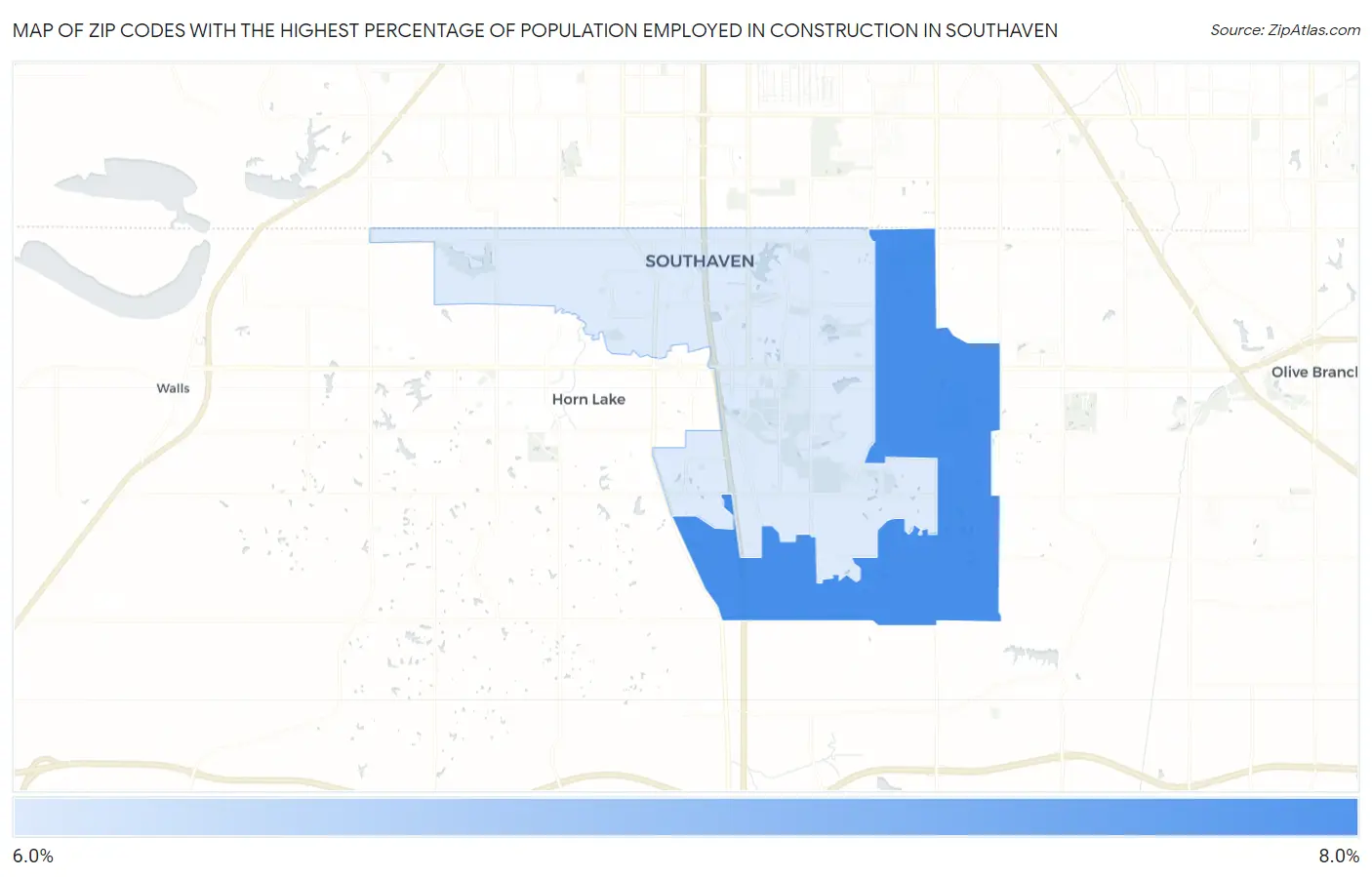 Zip Codes with the Highest Percentage of Population Employed in Construction in Southaven Map