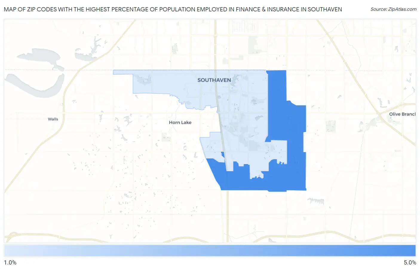Zip Codes with the Highest Percentage of Population Employed in Finance & Insurance in Southaven Map