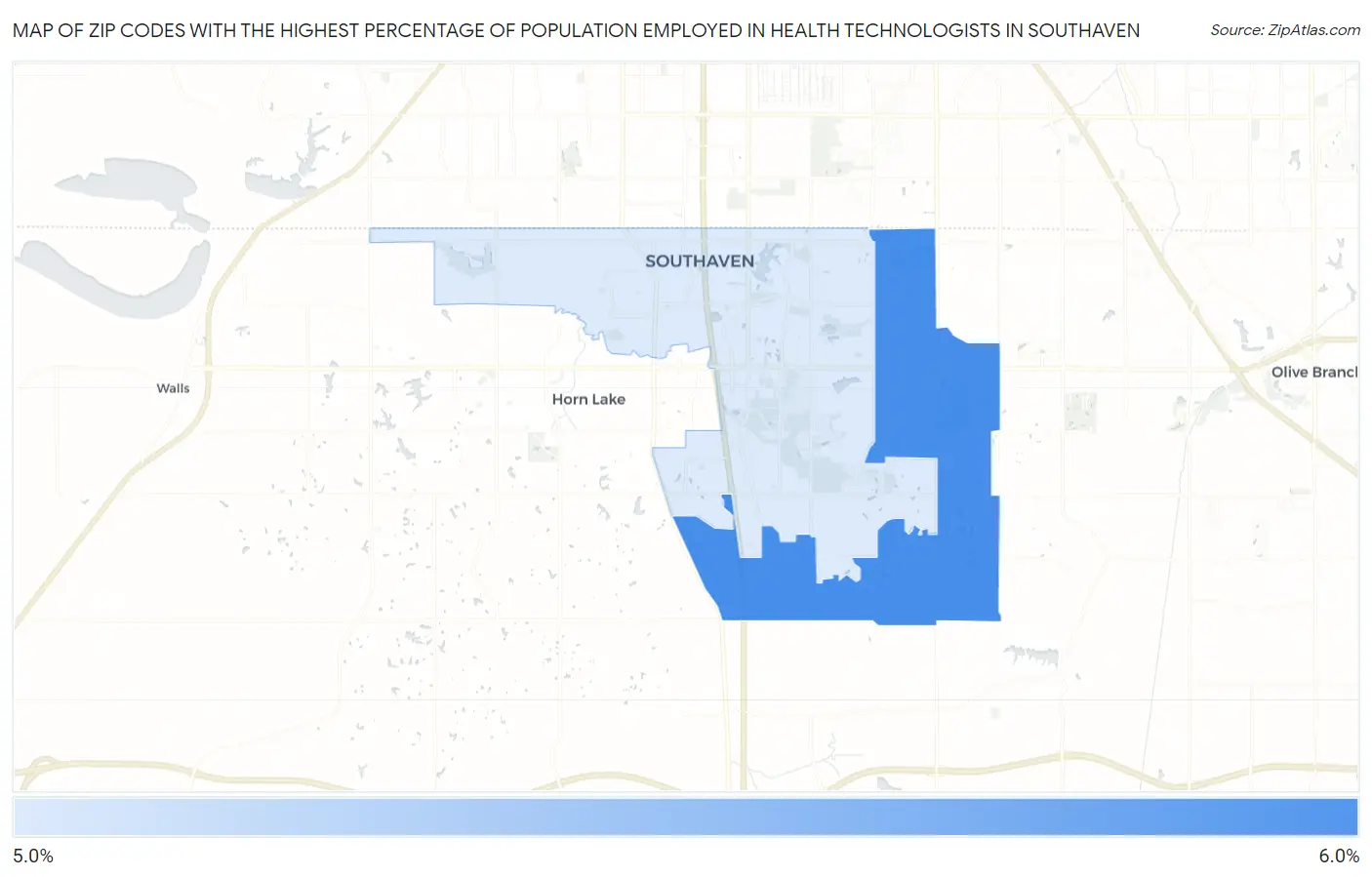 Zip Codes with the Highest Percentage of Population Employed in Health Technologists in Southaven Map