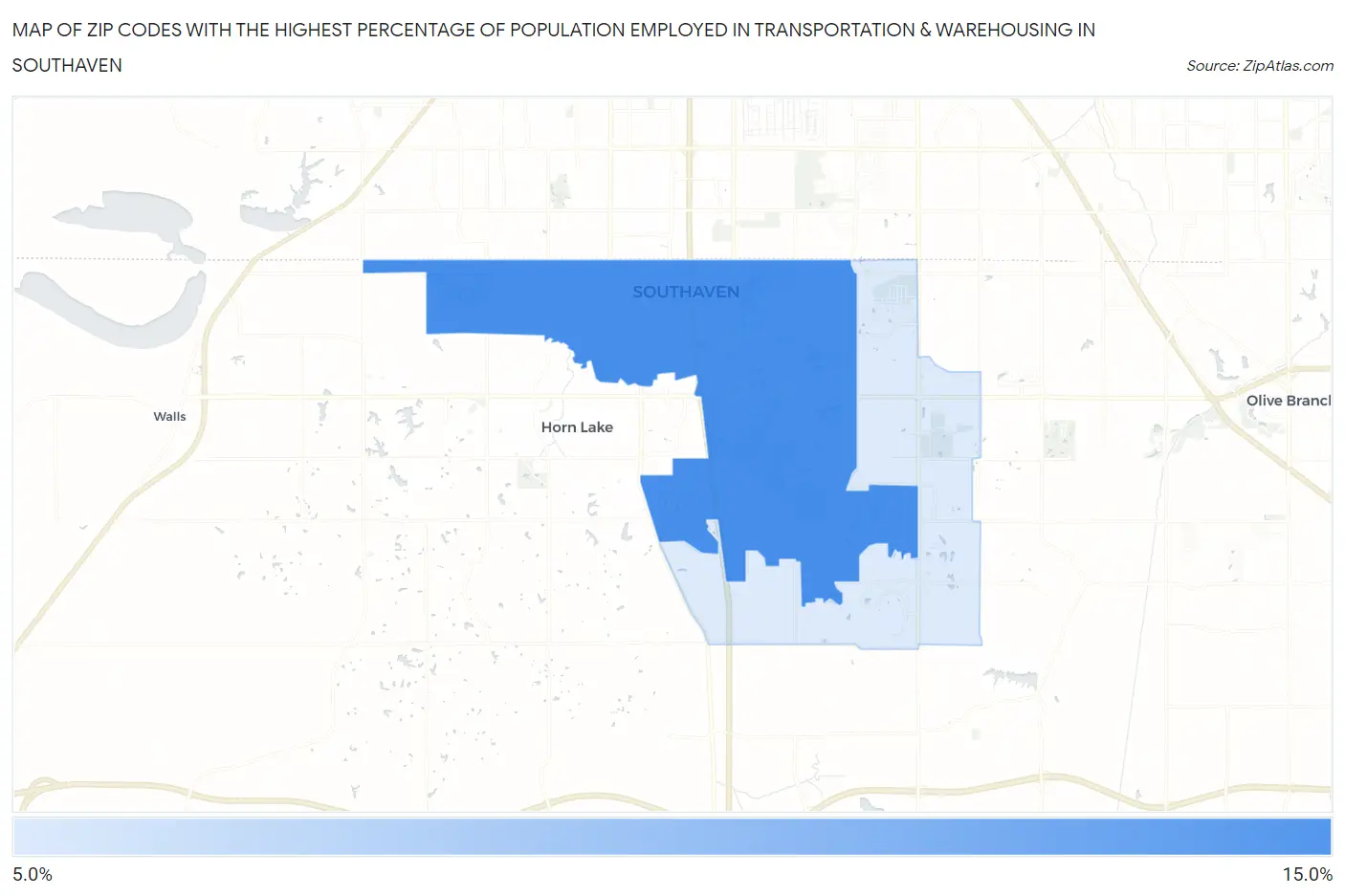 Zip Codes with the Highest Percentage of Population Employed in Transportation & Warehousing in Southaven Map