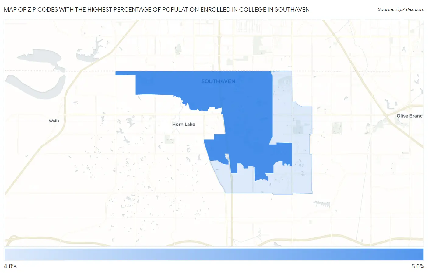 Zip Codes with the Highest Percentage of Population Enrolled in College in Southaven Map