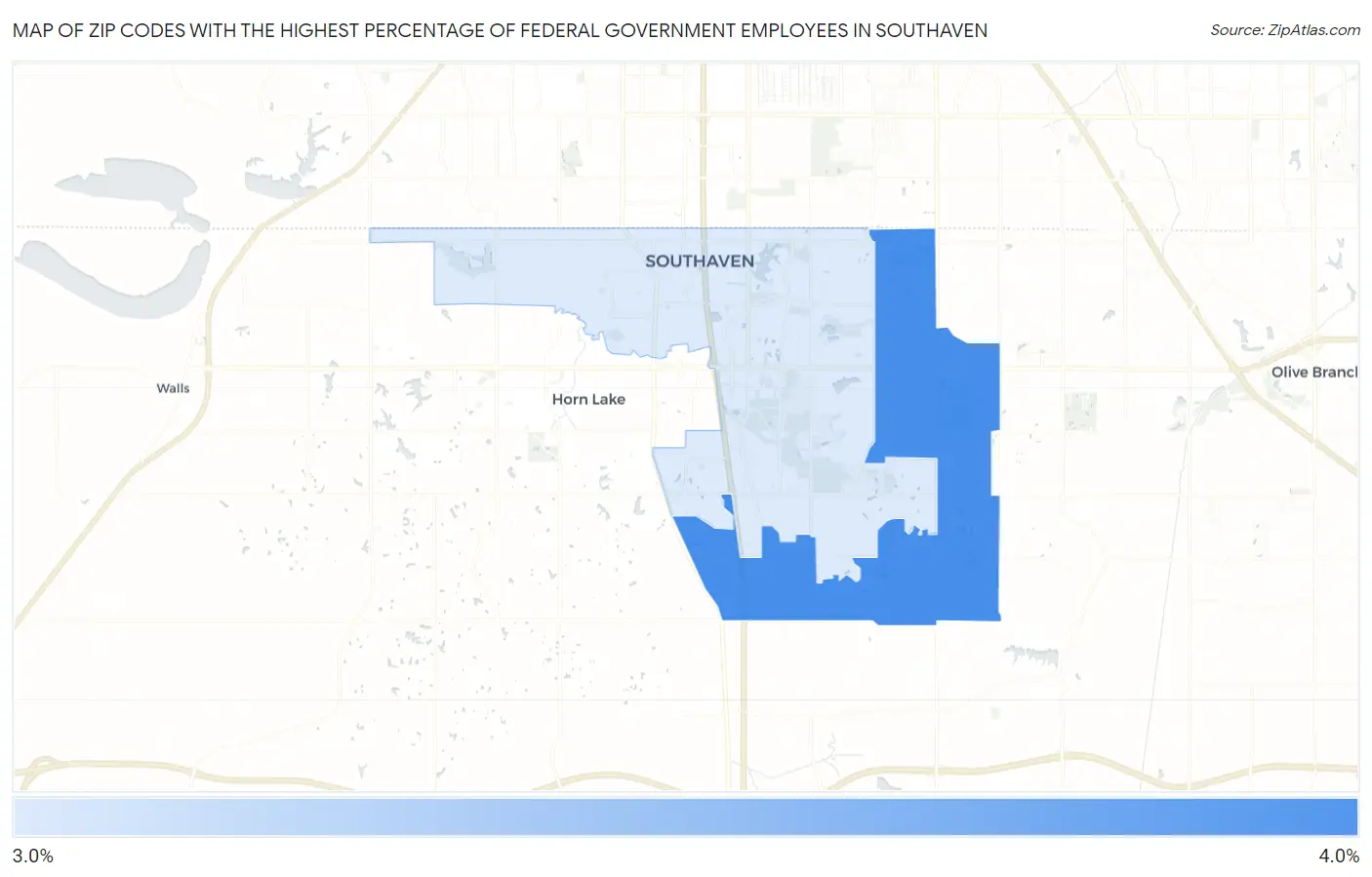 Zip Codes with the Highest Percentage of Federal Government Employees in Southaven Map