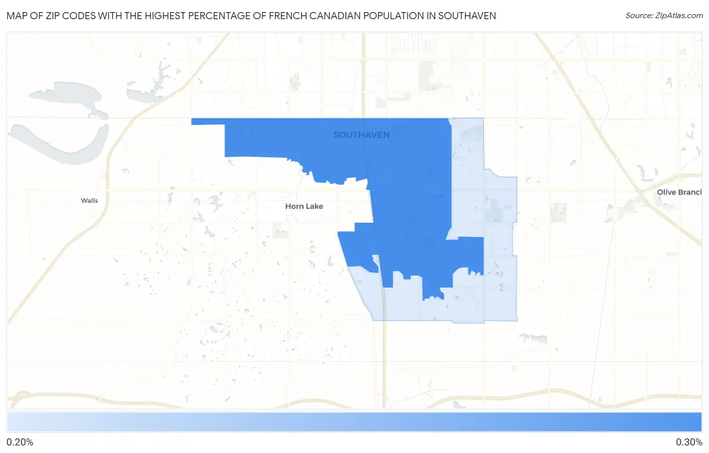 Zip Codes with the Highest Percentage of French Canadian Population in Southaven Map