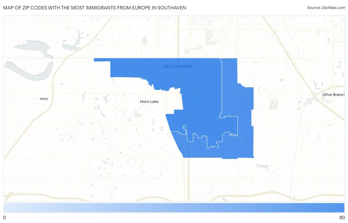Zip Codes with the Most Immigrants from Europe in Southaven Map