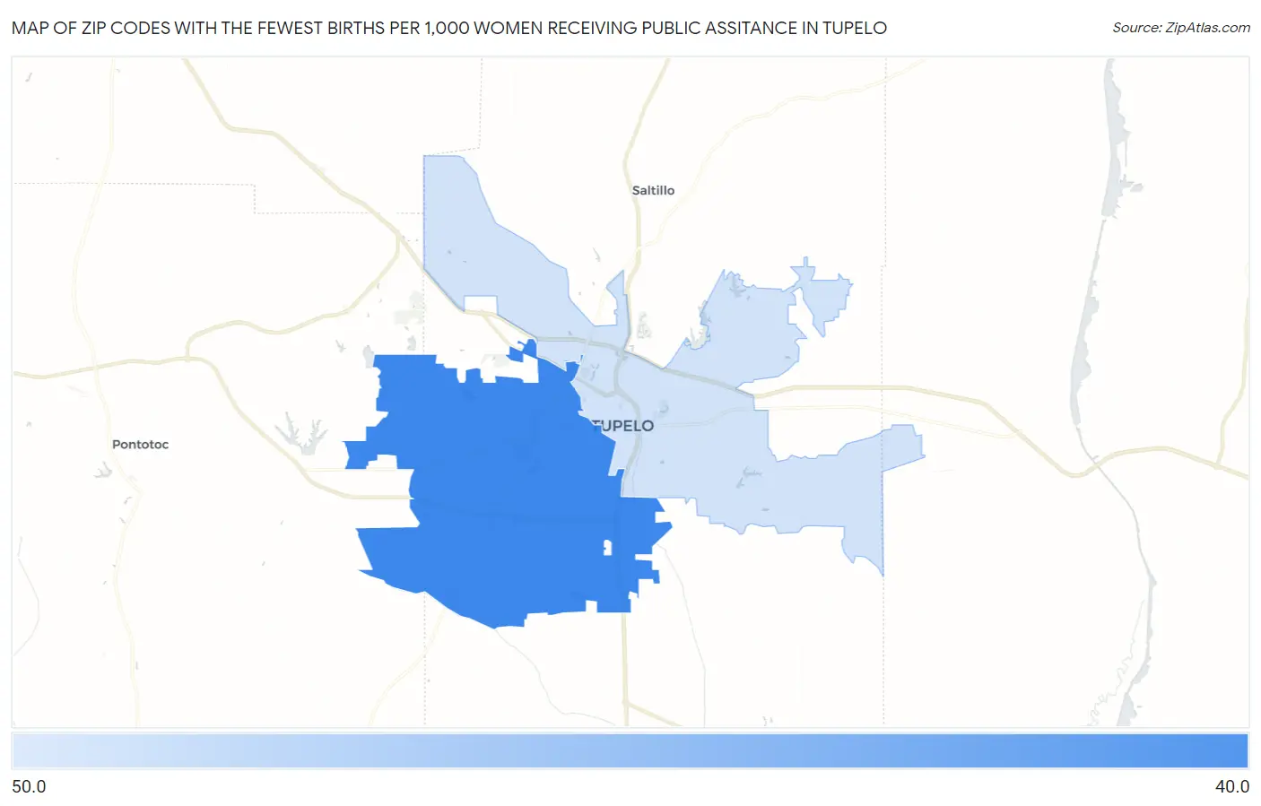 Zip Codes with the Fewest Births per 1,000 Women Receiving Public Assitance in Tupelo Map
