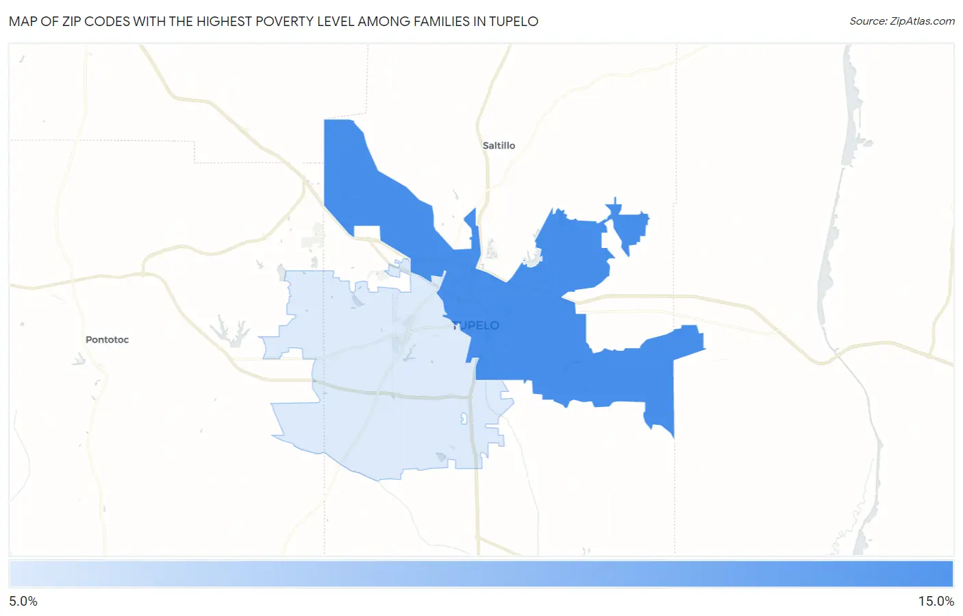 Zip Codes with the Highest Poverty Level Among Families in Tupelo Map