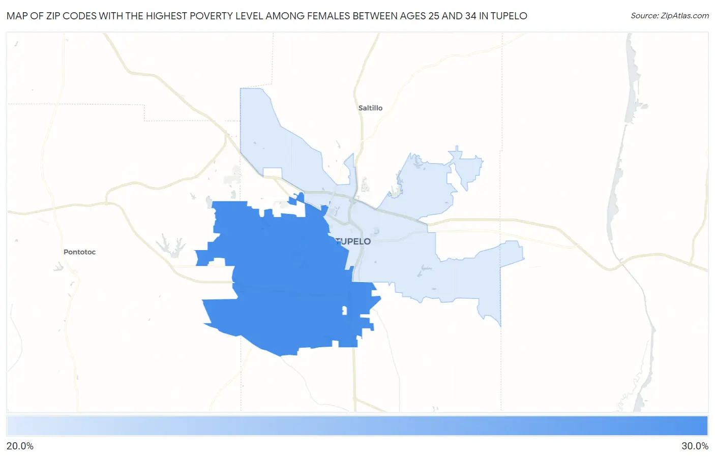 Zip Codes with the Highest Poverty Level Among Females Between Ages 25 and 34 in Tupelo Map