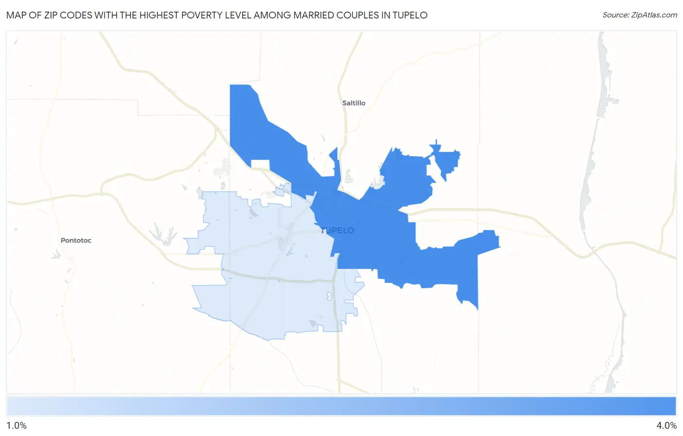 Zip Codes with the Highest Poverty Level Among Married Couples in Tupelo Map