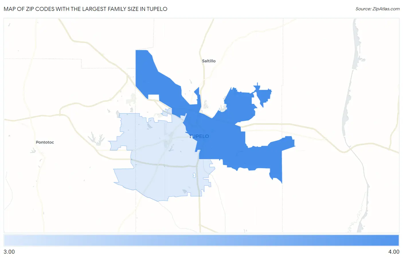 Zip Codes with the Largest Family Size in Tupelo Map