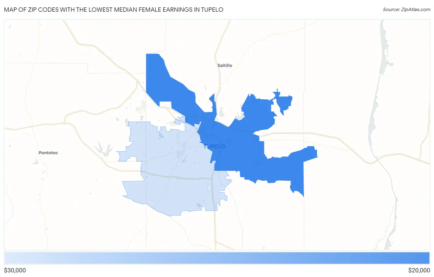 Zip Codes with the Lowest Median Female Earnings in Tupelo Map