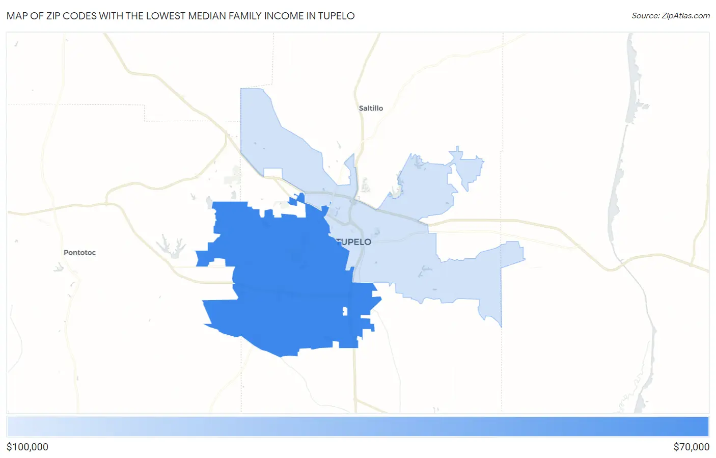 Zip Codes with the Lowest Median Family Income in Tupelo Map