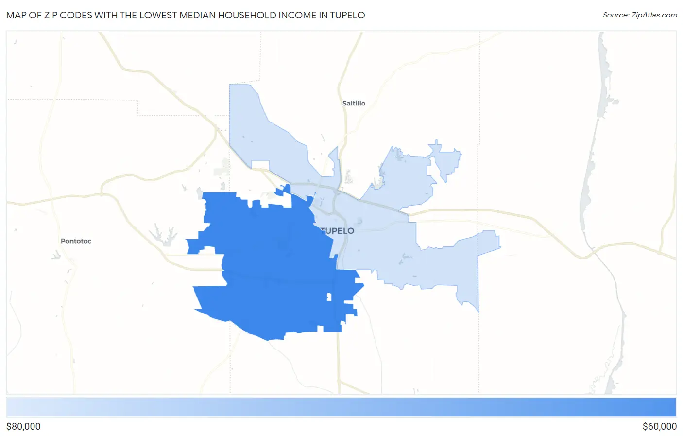 Zip Codes with the Lowest Median Household Income in Tupelo Map