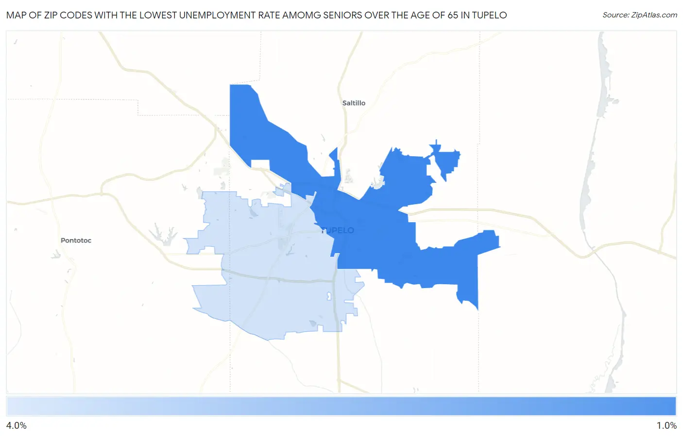 Zip Codes with the Lowest Unemployment Rate Amomg Seniors Over the Age of 65 in Tupelo Map