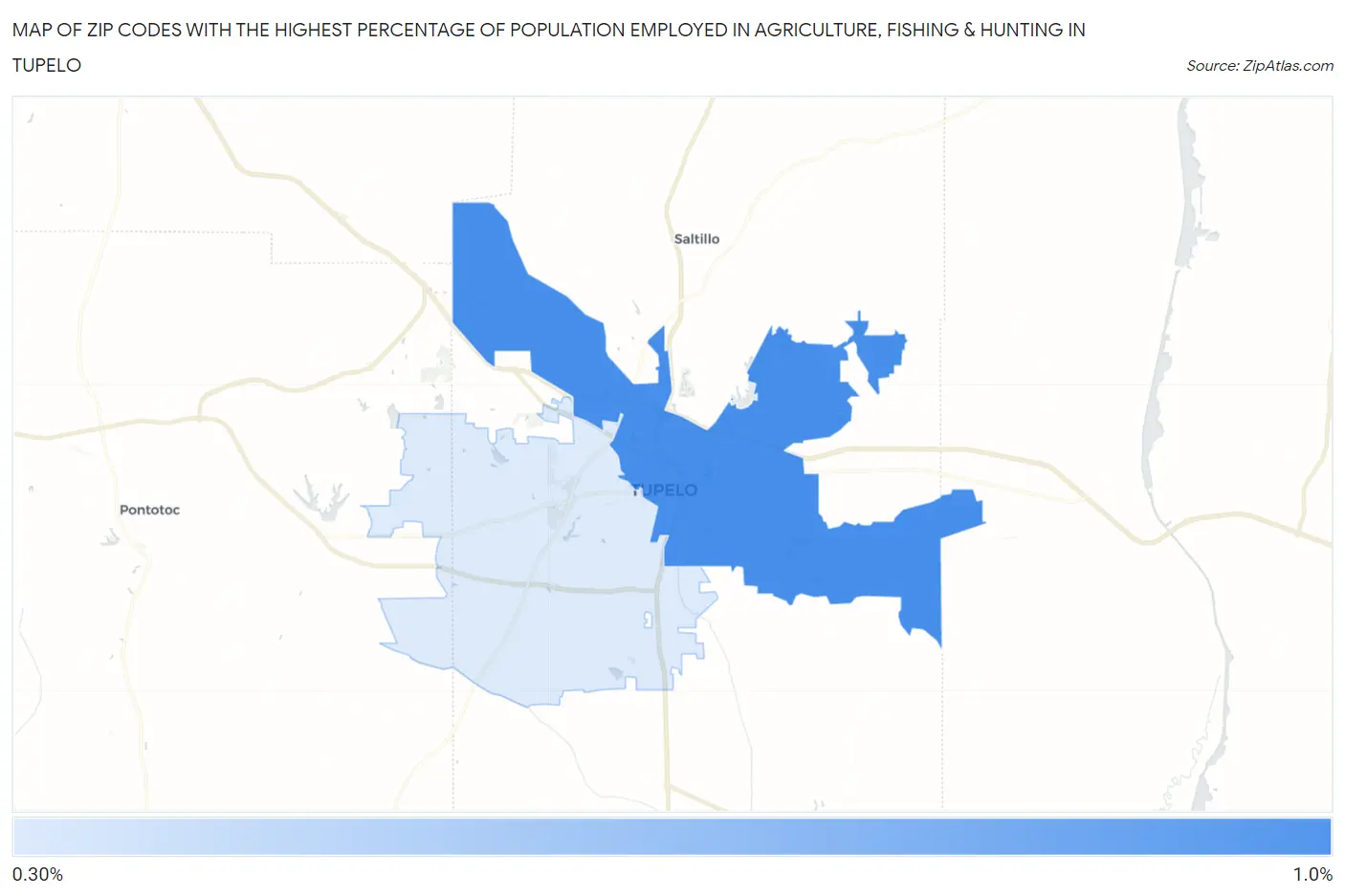 Zip Codes with the Highest Percentage of Population Employed in Agriculture, Fishing & Hunting in Tupelo Map