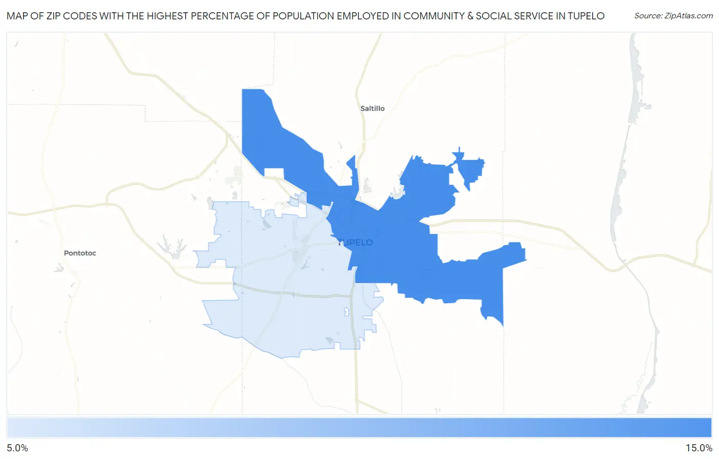 Zip Codes with the Highest Percentage of Population Employed in Community & Social Service  in Tupelo Map