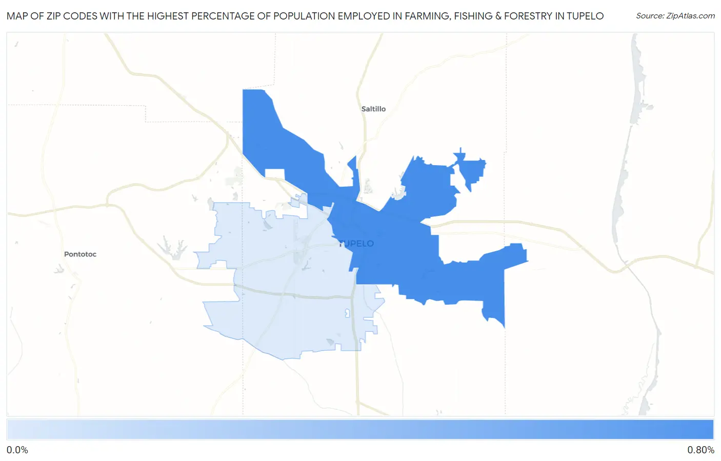 Zip Codes with the Highest Percentage of Population Employed in Farming, Fishing & Forestry in Tupelo Map