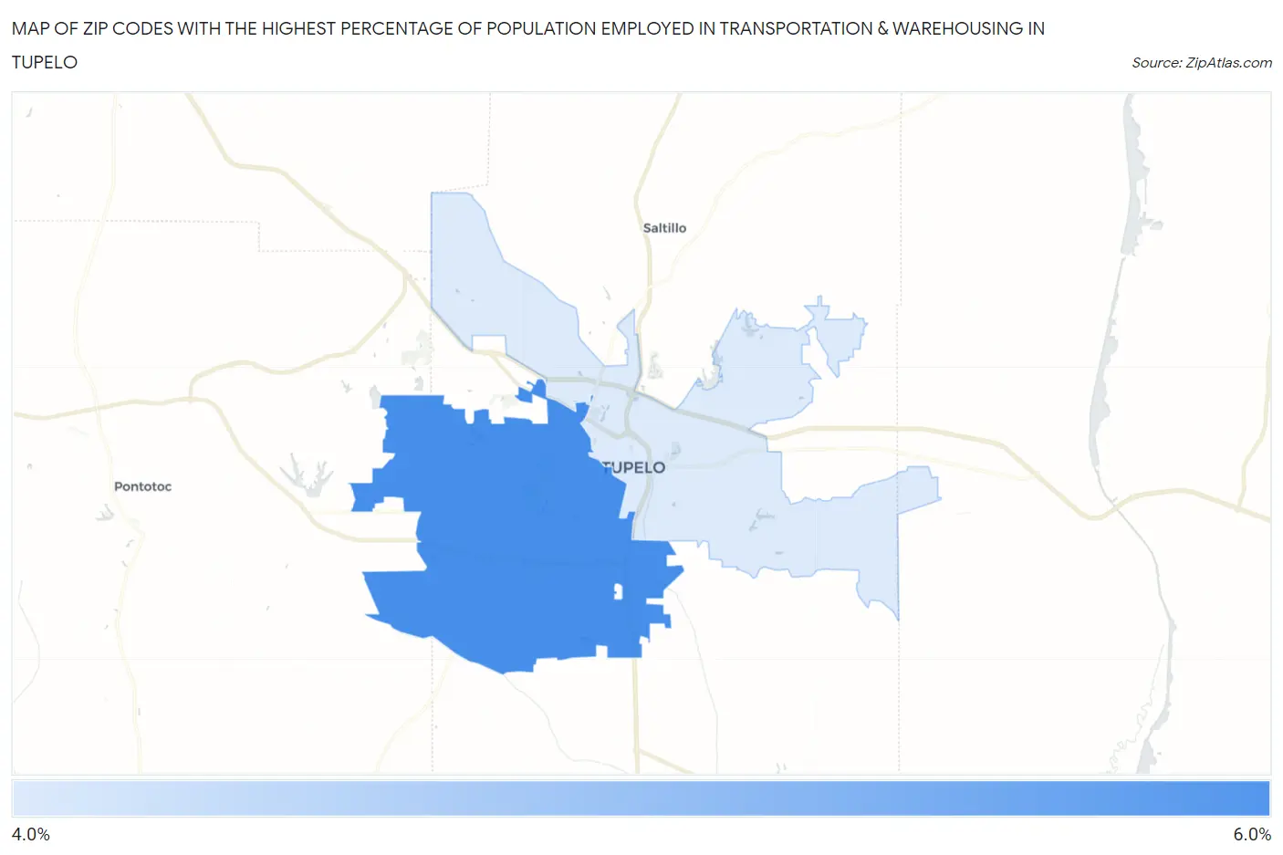 Zip Codes with the Highest Percentage of Population Employed in Transportation & Warehousing in Tupelo Map