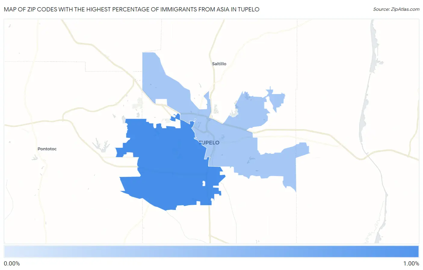 Zip Codes with the Highest Percentage of Immigrants from Asia in Tupelo Map