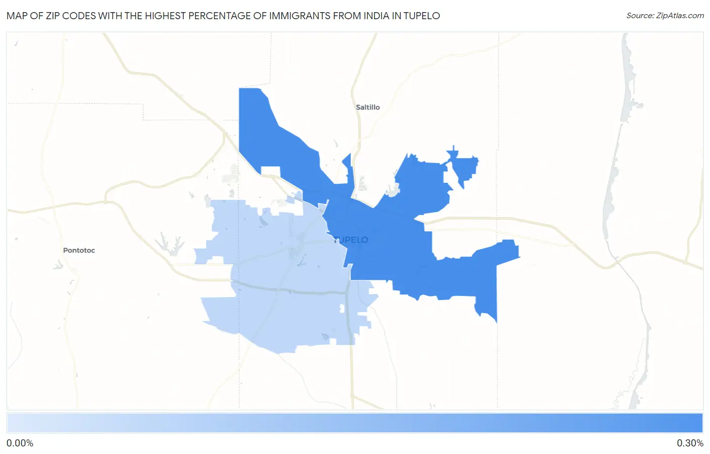 Zip Codes with the Highest Percentage of Immigrants from India in Tupelo Map