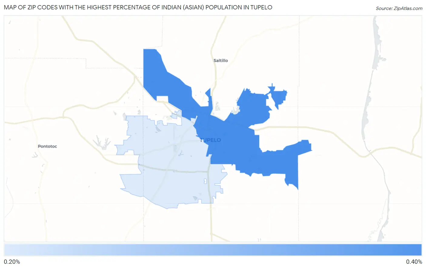 Zip Codes with the Highest Percentage of Indian (Asian) Population in Tupelo Map