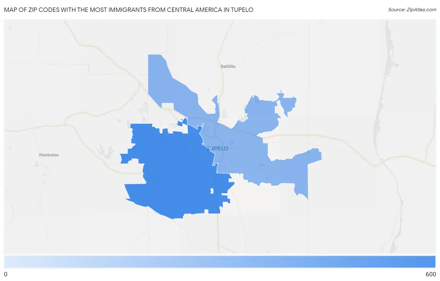 Zip Codes with the Most Immigrants from Central America in Tupelo Map