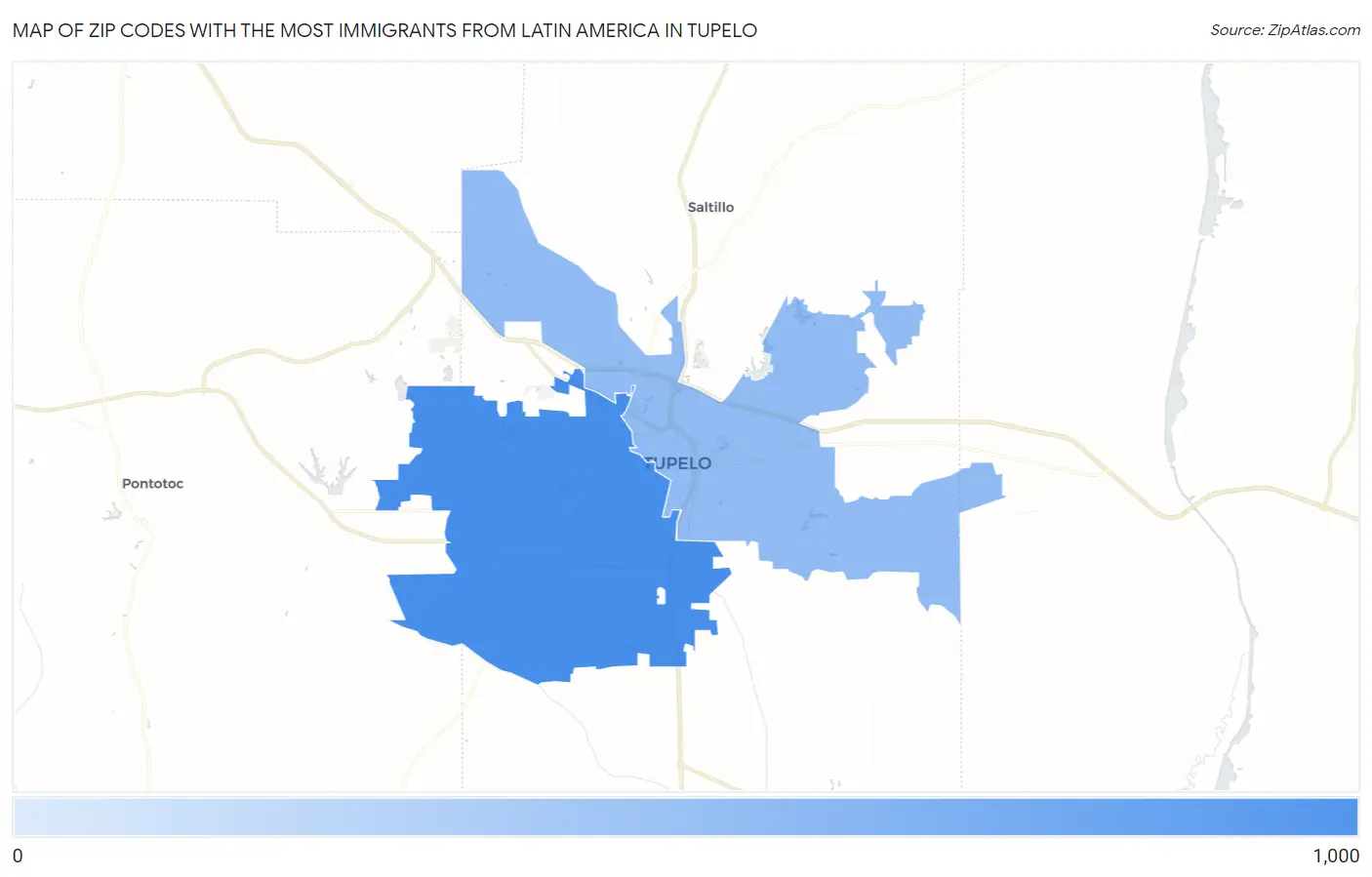 Zip Codes with the Most Immigrants from Latin America in Tupelo Map