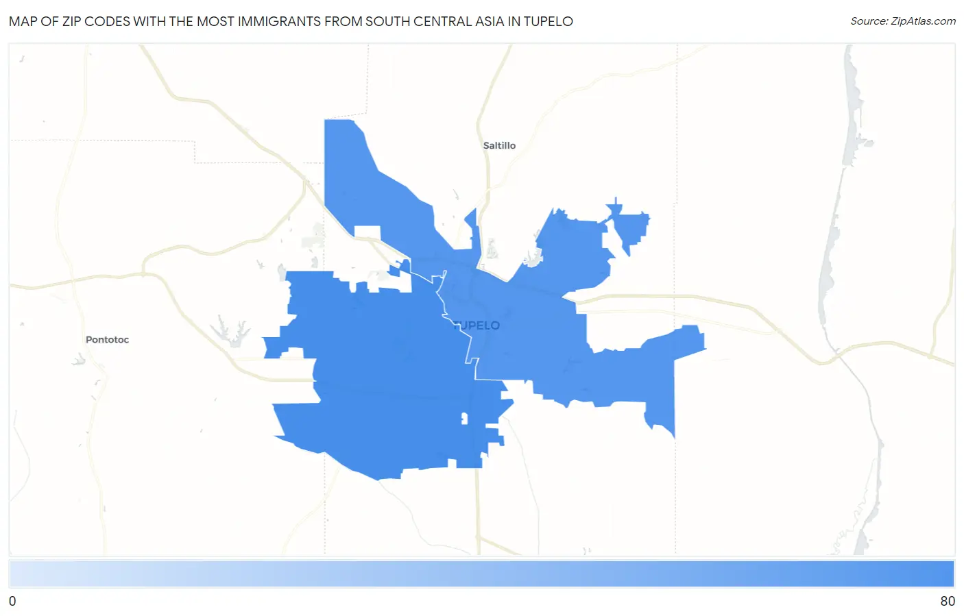 Zip Codes with the Most Immigrants from South Central Asia in Tupelo Map