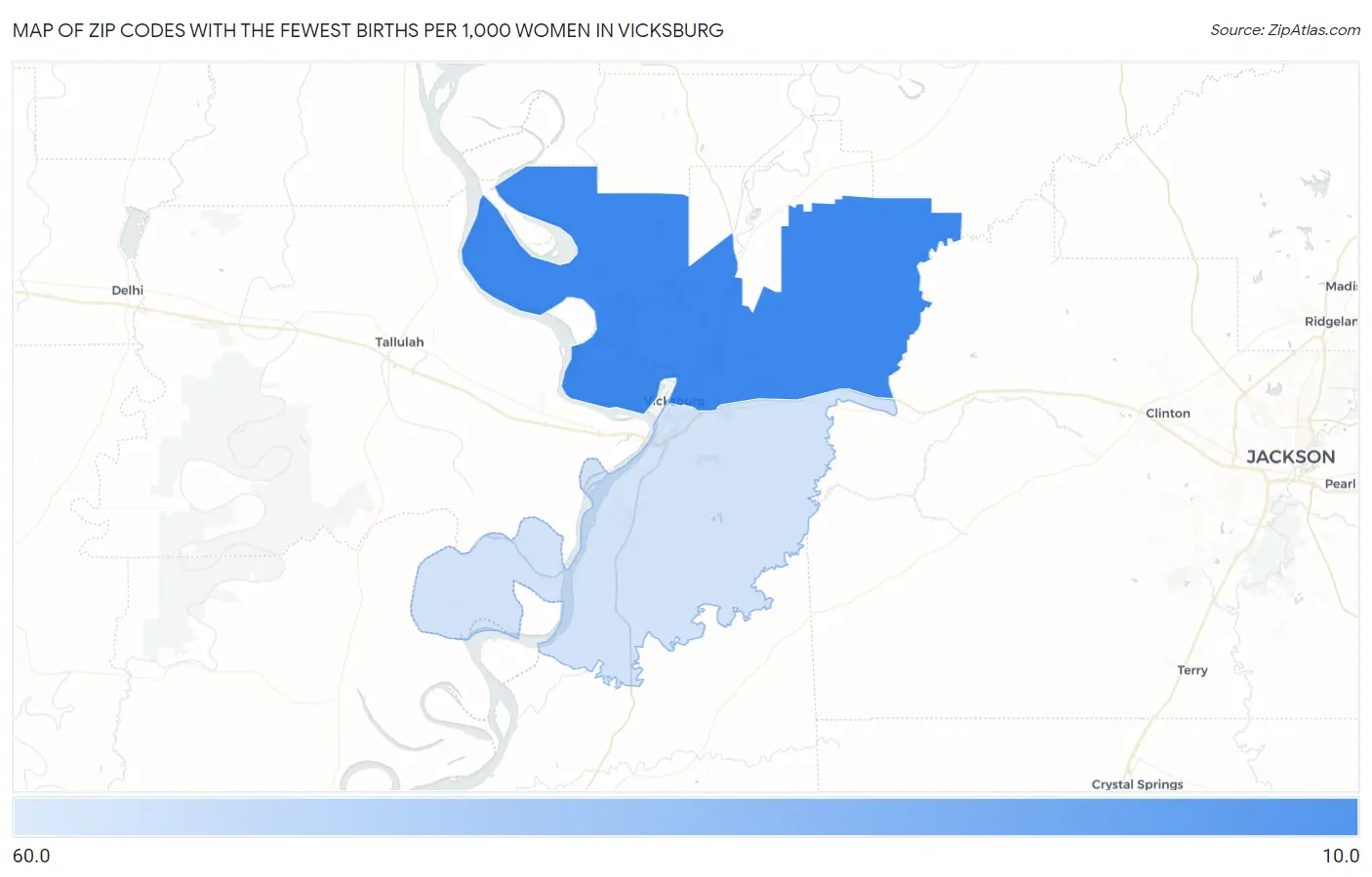 Zip Codes with the Fewest Births per 1,000 Women in Vicksburg Map