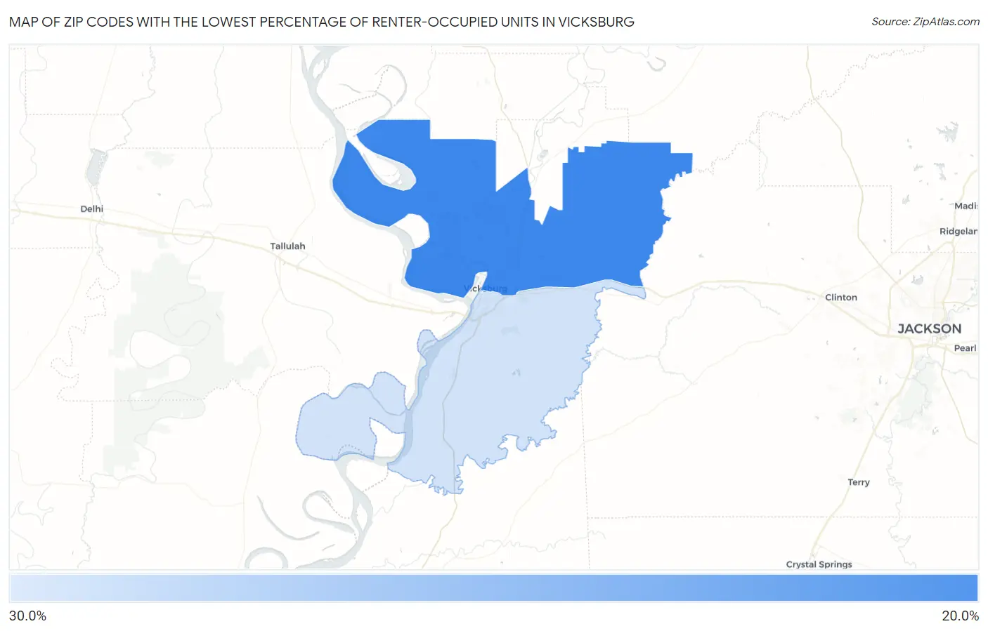 Zip Codes with the Lowest Percentage of Renter-Occupied Units in Vicksburg Map