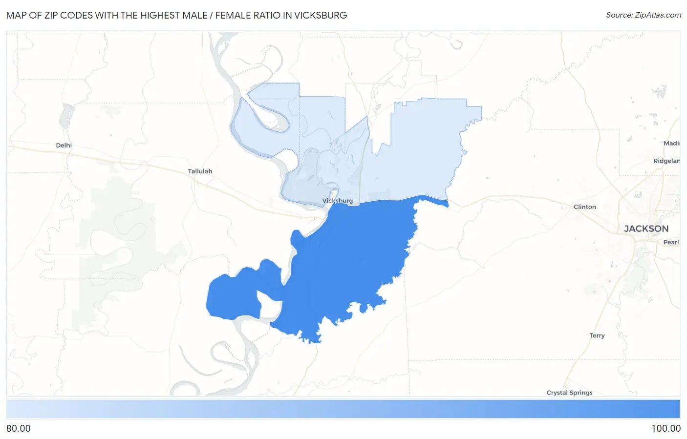Zip Codes with the Highest Male / Female Ratio in Vicksburg Map