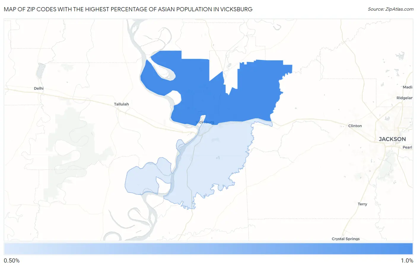 Zip Codes with the Highest Percentage of Asian Population in Vicksburg Map