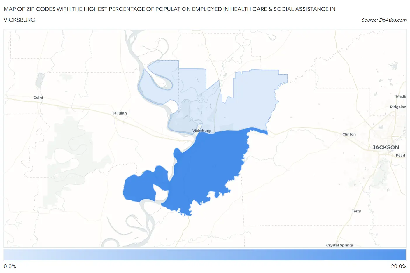 Zip Codes with the Highest Percentage of Population Employed in Health Care & Social Assistance in Vicksburg Map