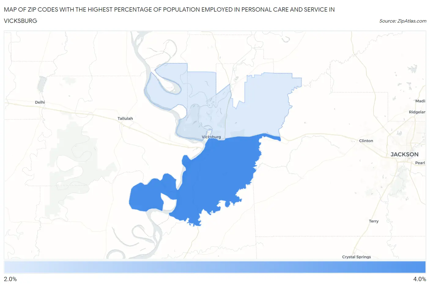 Zip Codes with the Highest Percentage of Population Employed in Personal Care and Service in Vicksburg Map