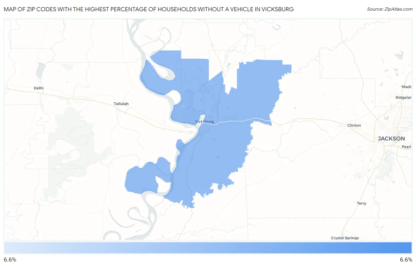 Zip Codes with the Highest Percentage of Households Without a Vehicle in Vicksburg Map