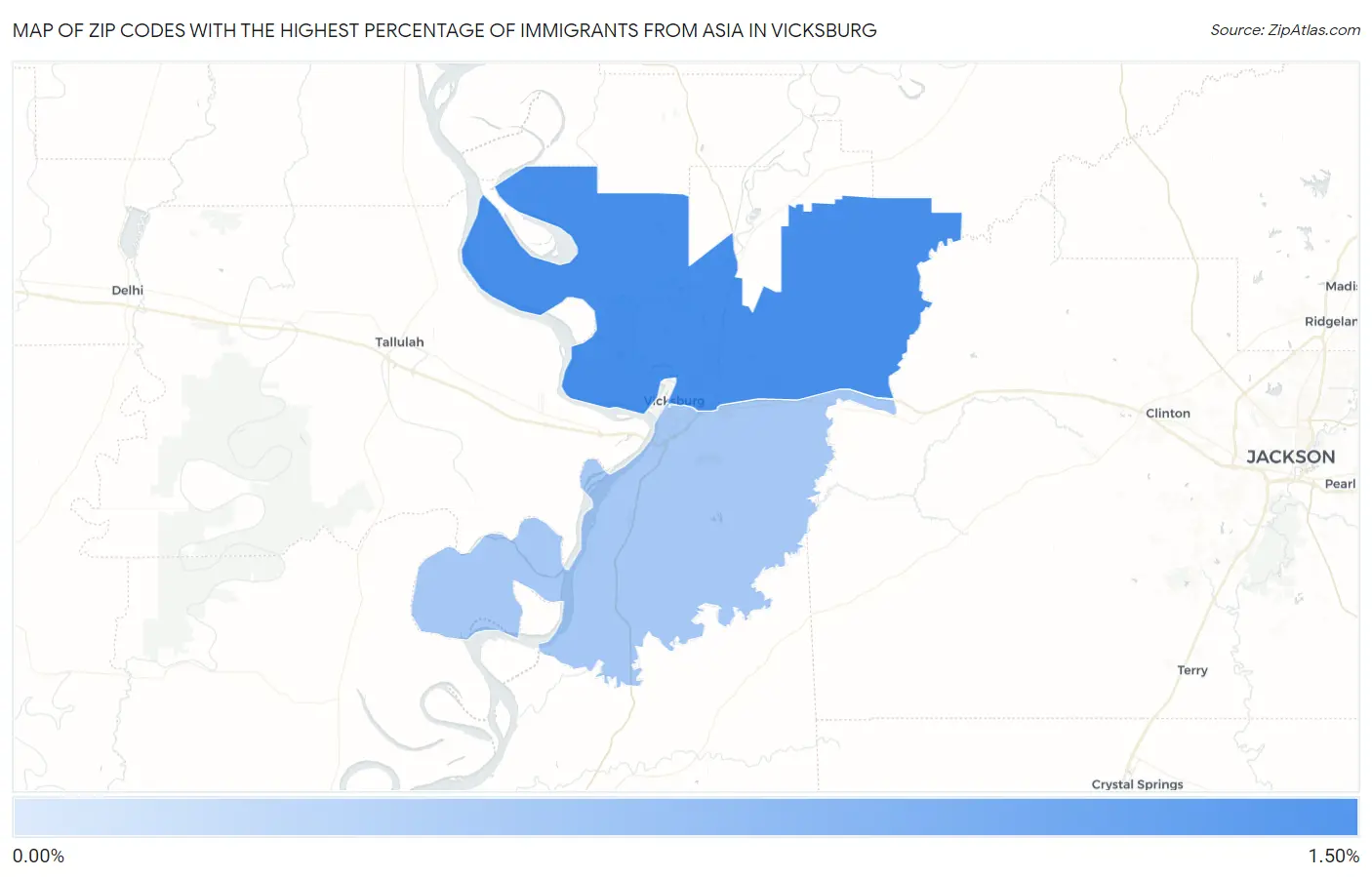 Zip Codes with the Highest Percentage of Immigrants from Asia in Vicksburg Map