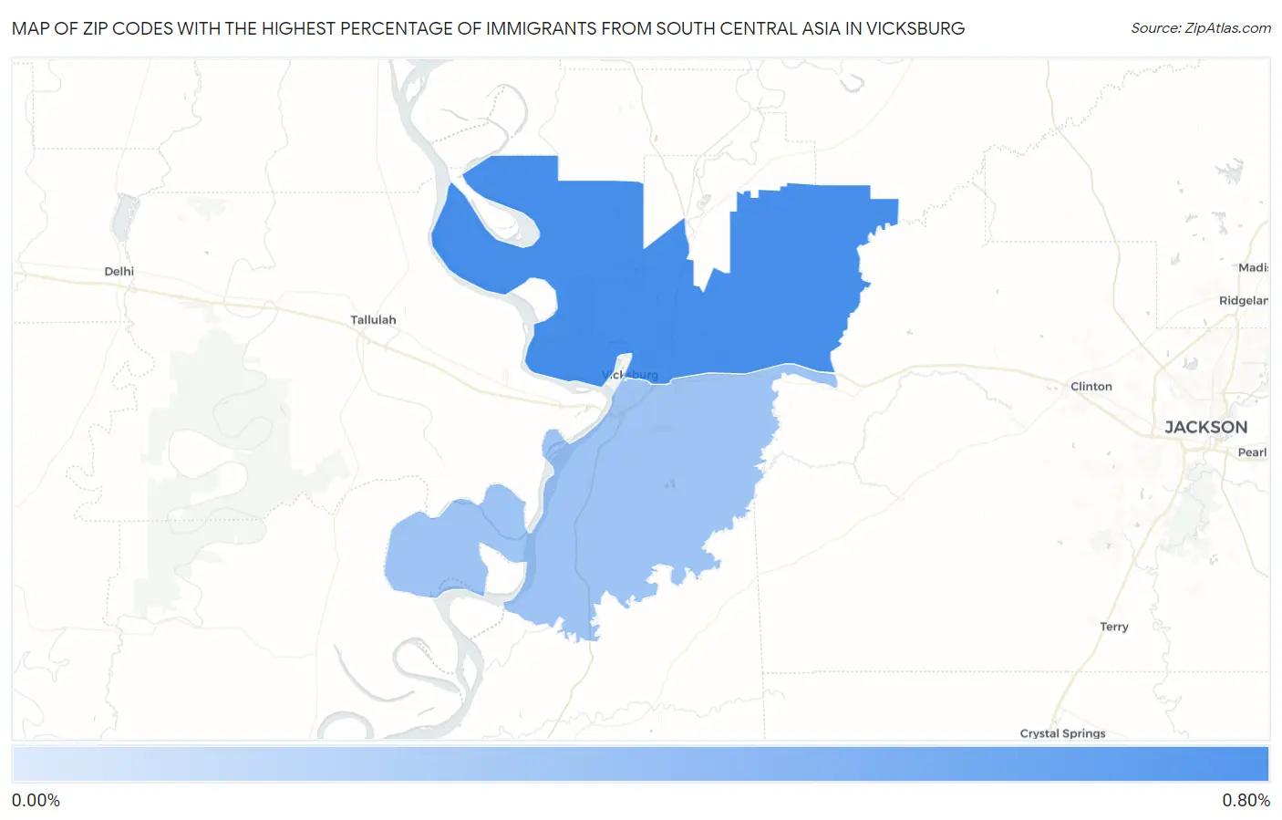 Zip Codes with the Highest Percentage of Immigrants from South Central Asia in Vicksburg Map