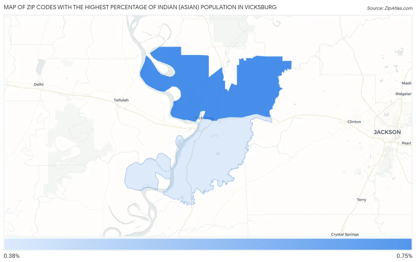 Zip Codes with the Highest Percentage of Indian (Asian) Population in Vicksburg Map